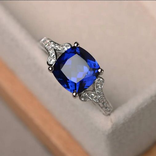 2.25 Ct Cushion Cut Blue Sapphire 925 Sterling Silver Solitaire W/Accents Wedding Ring