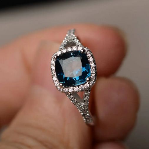 2.50 Ct Cushion Cut London Blue Topaz 925 Sterling Silver Halo Engagement Wedding Ring