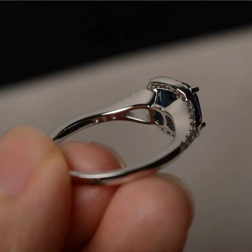 2.50 Ct Cushion Cut London Blue Topaz 925 Sterling Silver Halo Engagement Wedding Ring