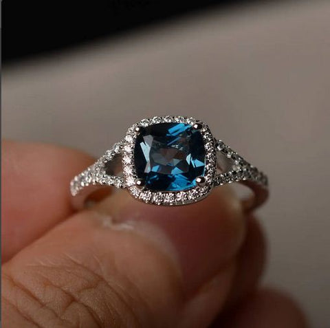 2.50 Ct Cushion Cut London Blue Topaz 925 Sterling Silver Halo Engagement Wedding Ring