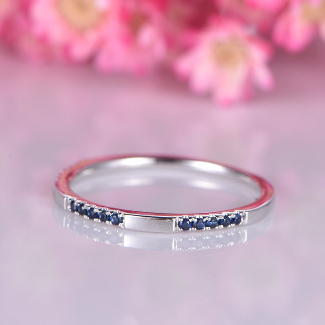 0.90 Ct Round Cut Blue Sapphire Half Eternity Promise Gift Ring 925 Sterling Silver