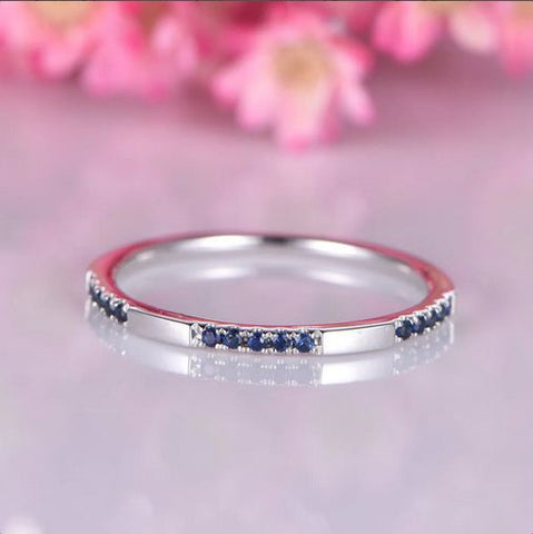 0.90 Ct Round Cut Blue Sapphire Half Eternity Promise Gift Ring 925 Sterling Silver