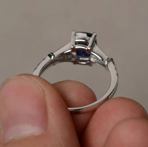 2.20 CT Cushion Cut Blue Sapphire 925 Sterling Silver Solitaire W/Accents Wedding Ring