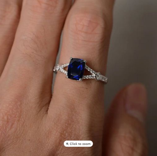 2.20 CT Cushion Cut Blue Sapphire 925 Sterling Silver Solitaire W/Accents Wedding Ring