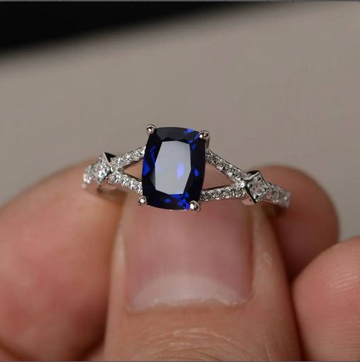 2.20 CT Cushion Cut Blue Sapphire 925 Sterling Silver Solitaire W/Accents Wedding Ring