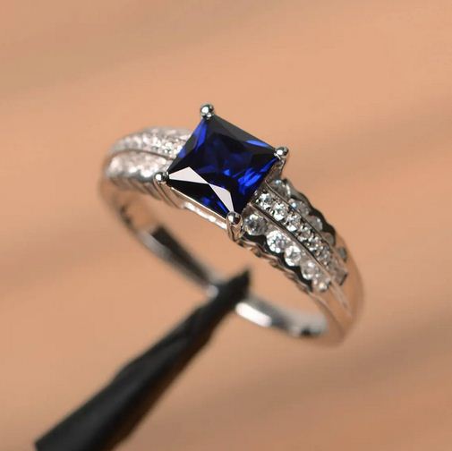 2.35 Ct Princess Cut Blue Sapphire Solitaire W/Accents Engagement Ring 925 Sterling Silver Silver