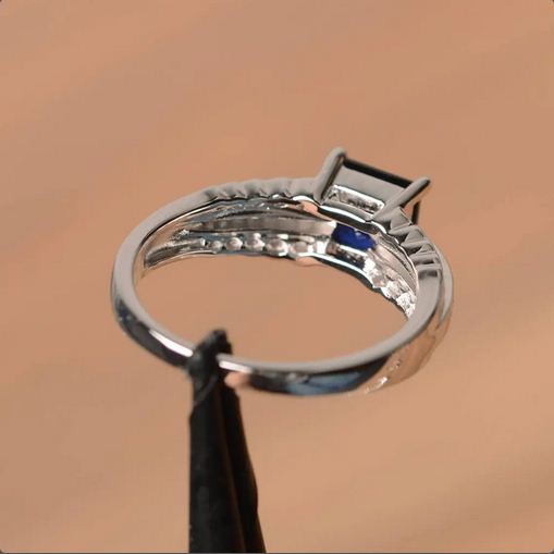 2.35 Ct Princess Cut Blue Sapphire Solitaire W/Accents Engagement Ring 925 Sterling Silver Silver