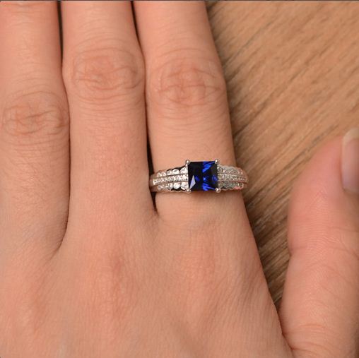 2.35 Ct Princess Cut Blue Sapphire Solitaire W/Accents Engagement Ring 925 Sterling Silver Silver