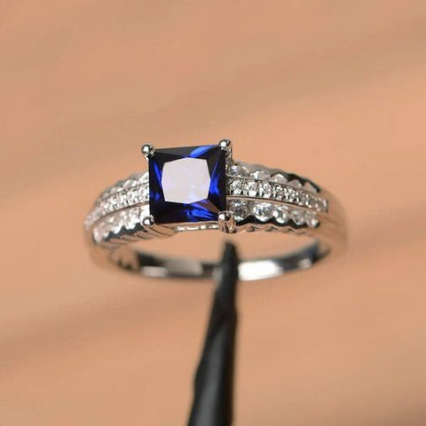2.35 Ct Princess Cut Blue Sapphire Solitaire W/Accents Engagement Ring 925 Sterling Silver Silver