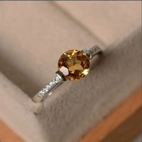 1.25 Ct Round Cut Yellow Citrine 925 Sterling Silver Solitaire W/Accents Ring