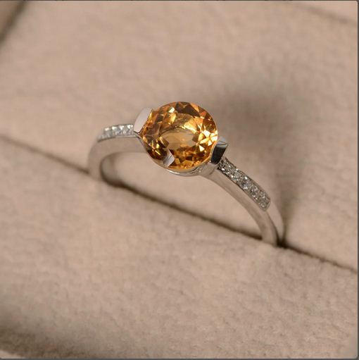 1.25 Ct Round Cut Yellow Citrine 925 Sterling Silver Solitaire W/Accents Ring