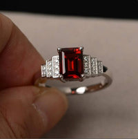 2.50 Ct Emerald Cut Red Garnet 925 Sterling Silver Solitaire W/Accents Wedding Ring
