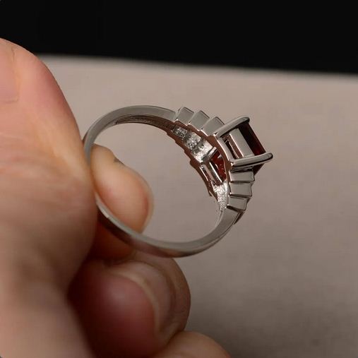 2.50 Ct Emerald Cut Red Garnet 925 Sterling Silver Solitaire W/Accents Wedding Ring