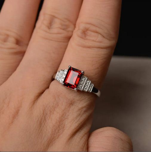 2.50 Ct Emerald Cut Red Garnet 925 Sterling Silver Solitaire W/Accents Wedding Ring