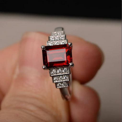 2.50 Ct Emerald Cut Red Garnet 925 Sterling Silver Solitaire W/Accents Wedding Ring