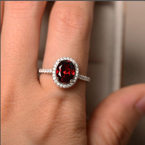 1.75 Ct Oval Cut Red Garnet 925 Sterling Silver Halo Anniversary Gift Ring