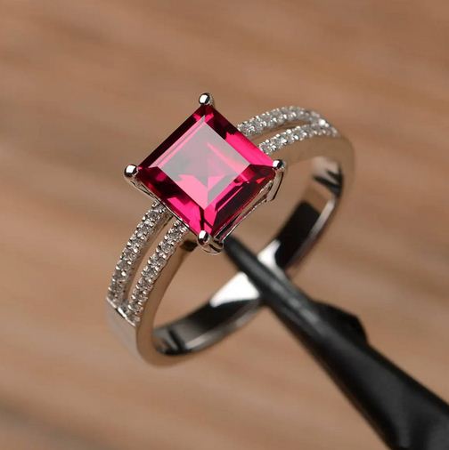 2.25 Ct Princess Cut Pink Ruby 925 Sterling Silver Split Shank Engagement Ring