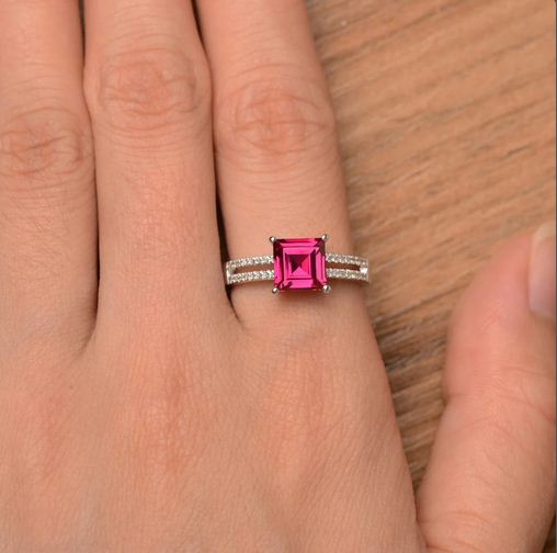 2.25 Ct Princess Cut Pink Ruby 925 Sterling Silver Split Shank Engagement Ring