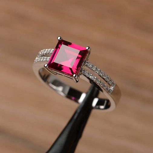 2.25 Ct Princess Cut Pink Ruby 925 Sterling Silver Split Shank Engagement Ring