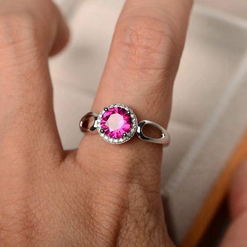 1.20 Ct Round Cut Pink Ruby July Birthstone Halo Ring In 925 Sterling Silver