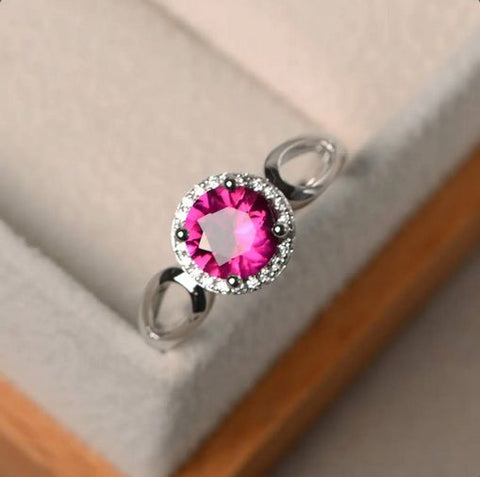 1.20 Ct Round Cut Pink Ruby July Birthstone Halo Ring In 925 Sterling Silver