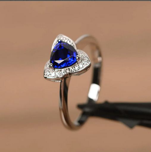 1.50 Ct Trillion Cut Blue Sapphire 925 Sterling Silver Floral Anniversary Gift Ring