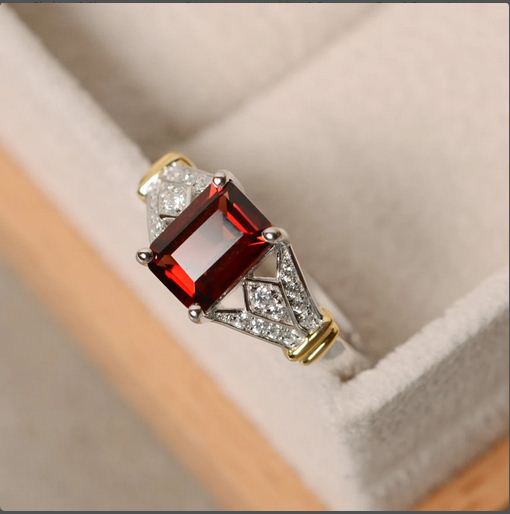 2.75 Ct Emerald Cut Red Garnet Solitaire W/Accents Wedding Ring 925 Sterling Silver