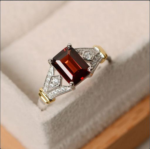 2.75 Ct Emerald Cut Red Garnet Solitaire W/Accents Wedding Ring 925 Sterling Silver