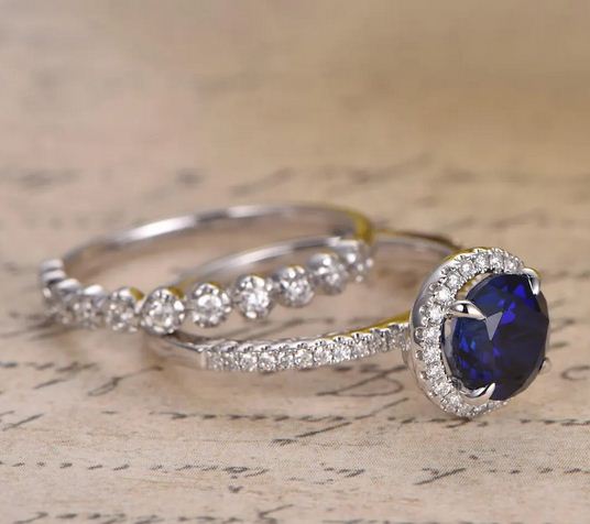 2.50 Ct Round Cut Blue Sapphire & White CZ 925 Sterling Silver Engagement Ring Set