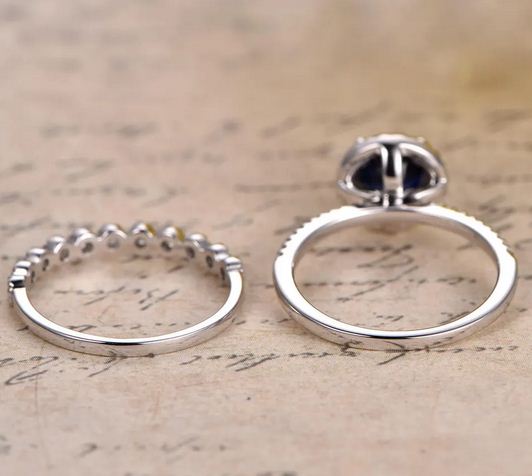 2.50 Ct Round Cut Blue Sapphire & White CZ 925 Sterling Silver Engagement Ring Set