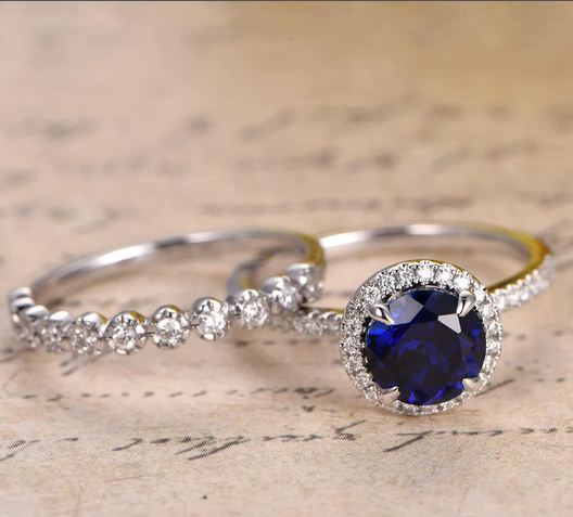 2.50 Ct Round Cut Blue Sapphire & White CZ 925 Sterling Silver Engagement Ring Set