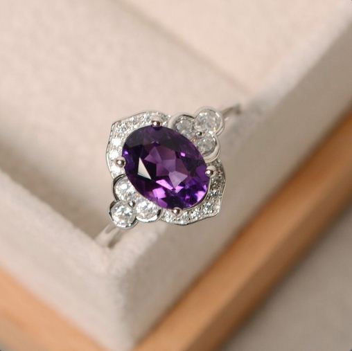 2.75 Ct Oval Cut Purple Amethyst Halo Floral Engagement Ring In 925 Sterling Silver