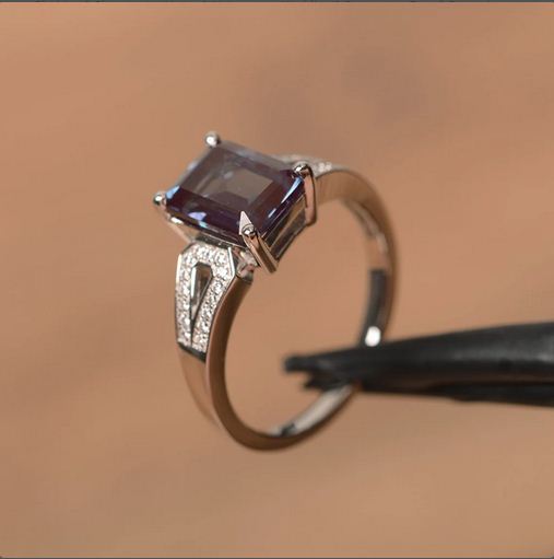 2.25 Ct Emerald Cut Purple Alexandrite 925 Sterling Silver Solitaire W/Accents Ring