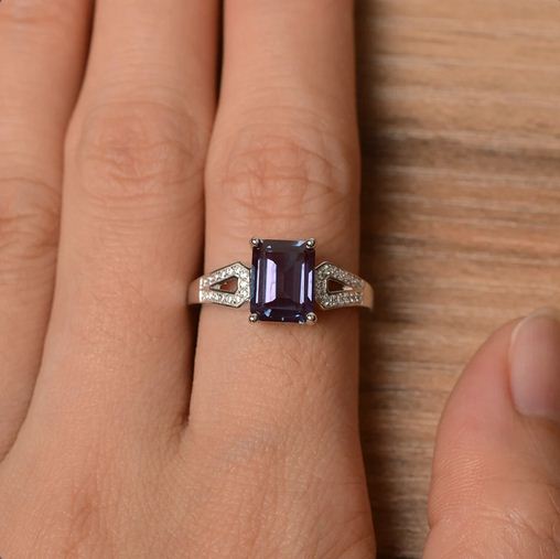 2.25 Ct Emerald Cut Purple Alexandrite 925 Sterling Silver Solitaire W/Accents Ring