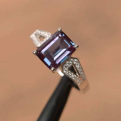 2.25 Ct Emerald Cut Purple Alexandrite 925 Sterling Silver Solitaire W/Accents Ring