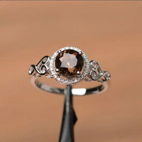 1.25 Ct Round Cut Smoky Quartz & White CZ Halo Filigree Promise Ring 925 Sterling Silver