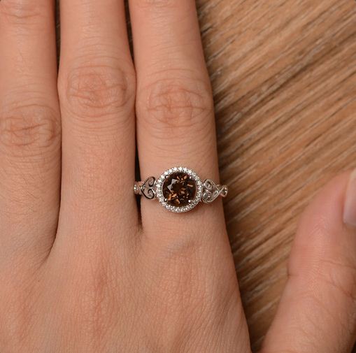 1.25 Ct Round Cut Smoky Quartz & White CZ Halo Filigree Promise Ring 925 Sterling Silver