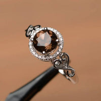 1.25 Ct Round Cut Smoky Quartz & White CZ Halo Filigree Promise Ring 925 Sterling Silver