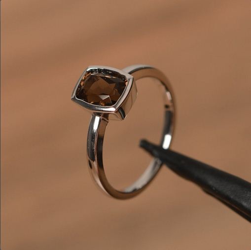 1.20 Ct Cushion Cut Smoky Quartz 925 Sterling Silver Bezel Set Solitaire Ring