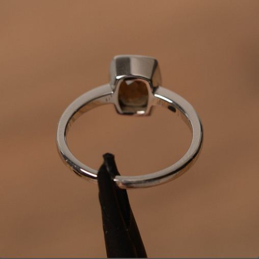 1.20 Ct Cushion Cut Smoky Quartz 925 Sterling Silver Bezel Set Solitaire Ring