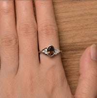 2.25 Ct Oval Cut Smoky Quartz & White CZ Solitaire W/Accents Ring In 925 Sterling Silver