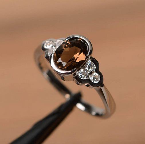 2.25 Ct Oval Cut Smoky Quartz & White CZ Solitaire W/Accents Ring In 925 Sterling Silver