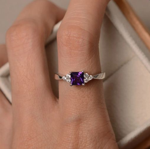 1.20 Ct Princess Cut Purple Amethyst Solitaire W/Accents Engagement Ring 925 Sterling Silver