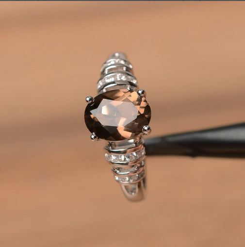 1.75 Ct Oval Cut Smoky Quartz 925 Sterling Silver Solitaire W/Accents Ring