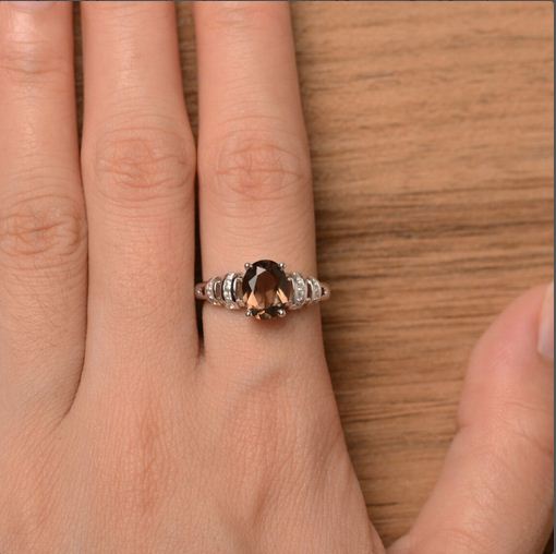 1.75 Ct Oval Cut Smoky Quartz 925 Sterling Silver Solitaire W/Accents Ring