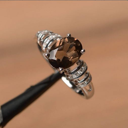 1.75 Ct Oval Cut Smoky Quartz 925 Sterling Silver Solitaire W/Accents Ring