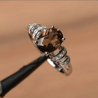 1.75 Ct Oval Cut Smoky Quartz 925 Sterling Silver Solitaire W/Accents Ring