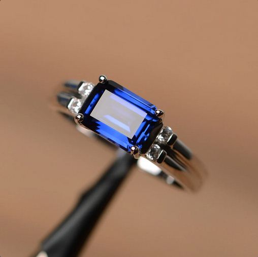 1.50 Ct Emerald Cut Blue Sapphire Solitaire W/Accents Engagement Ring 925 Sterling Silver