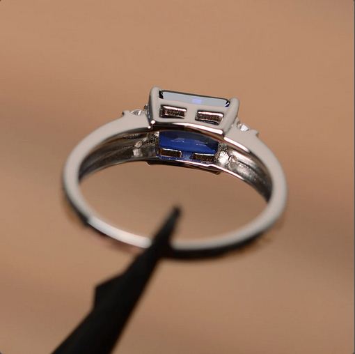 1.50 Ct Emerald Cut Blue Sapphire Solitaire W/Accents Engagement Ring 925 Sterling Silver
