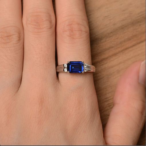 1.50 Ct Emerald Cut Blue Sapphire Solitaire W/Accents Engagement Ring 925 Sterling Silver